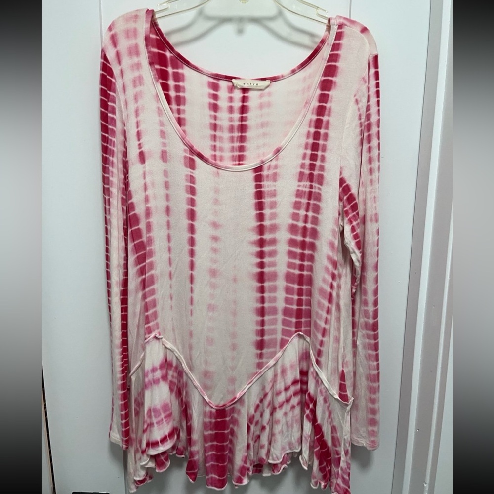 Entro Pink White Tie Dye Scoop Neck Long Sleeve Blouse Shirt Small